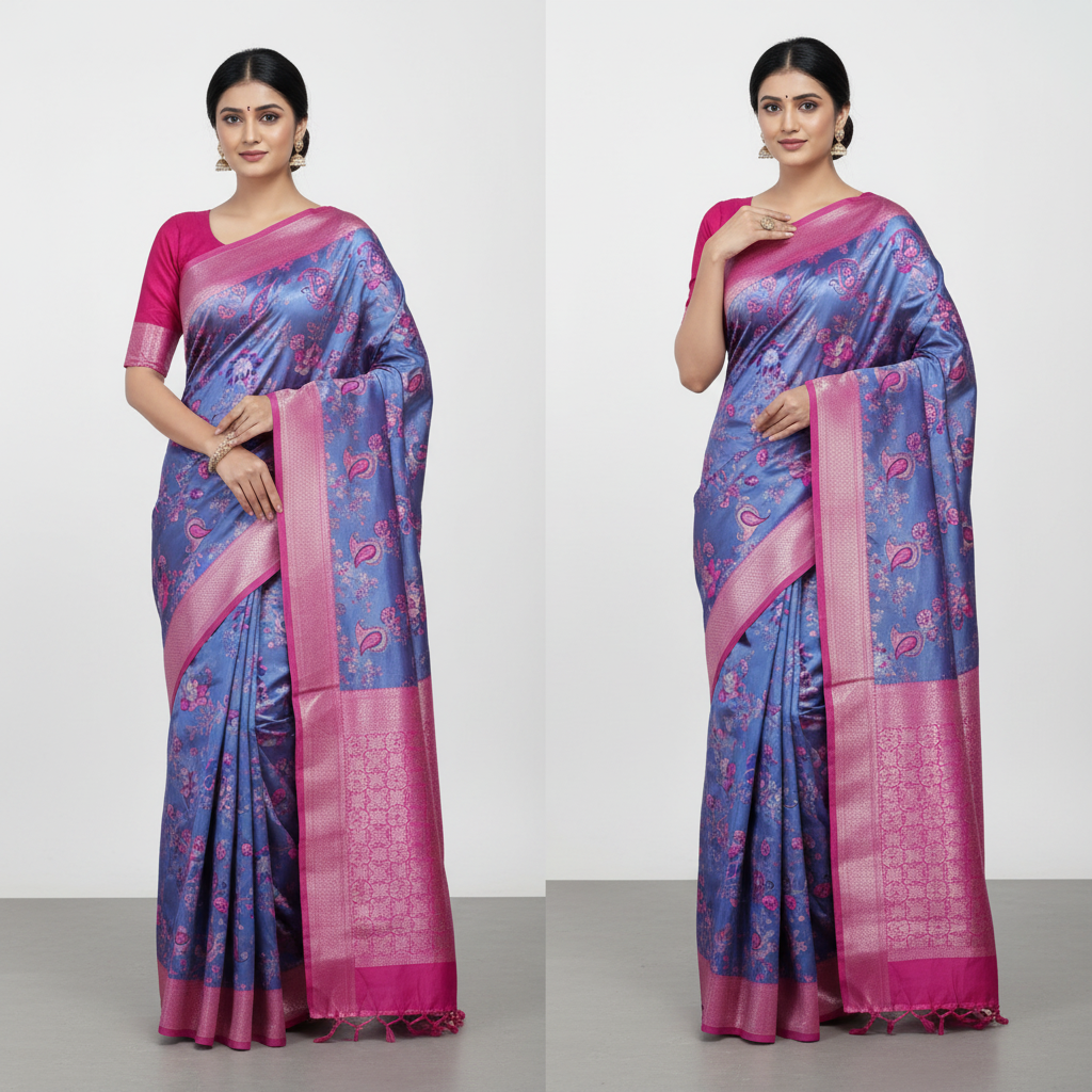 Woman wearing a Banarasi Jacquard Printed Saree 