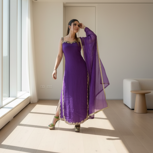 Women's Georgette Embroidery Sleeveless Round Neck Kurti, Palazzo And Dupatta Set (Purple)