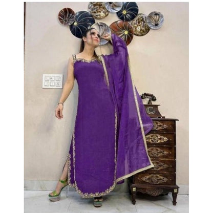 Women's Georgette Embroidery Sleeveless Round Neck Kurti, Palazzo And Dupatta Set (Purple)