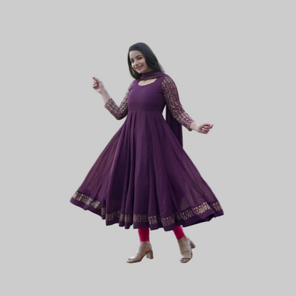 Women's Georgette Embroidery 3-4th Sleeve Round Neck Kurti with Dupatta Set (Wine)