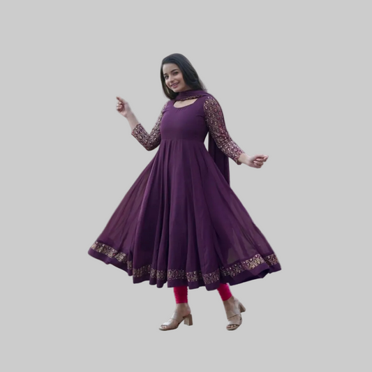 Women's Georgette Embroidery 3-4th Sleeve Round Neck Kurti with Dupatta Set (Wine)