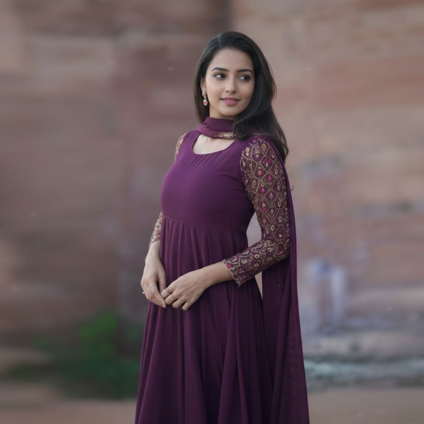 Women's Georgette Embroidery 3-4th Sleeve Round Neck Kurti with Dupatta Set (Wine)