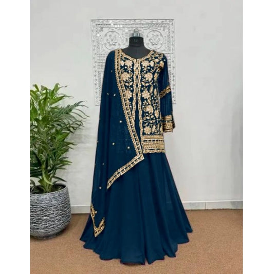 Women's Georgette Embroidery 3-4th Sleeve V-Neck Kurti, Palazzo And Dupatta Set (Morpich)
