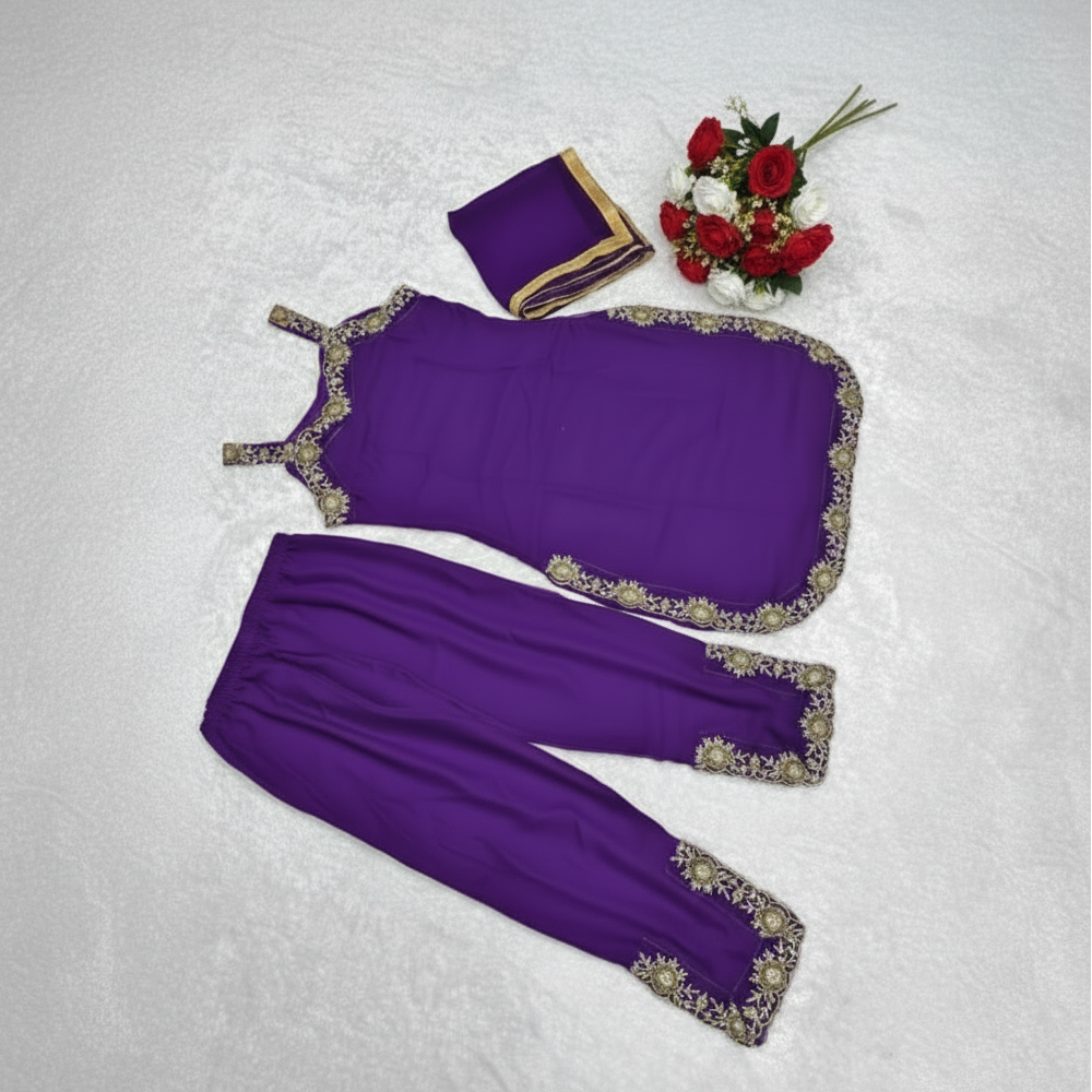 Purple outfit with gold embroidery