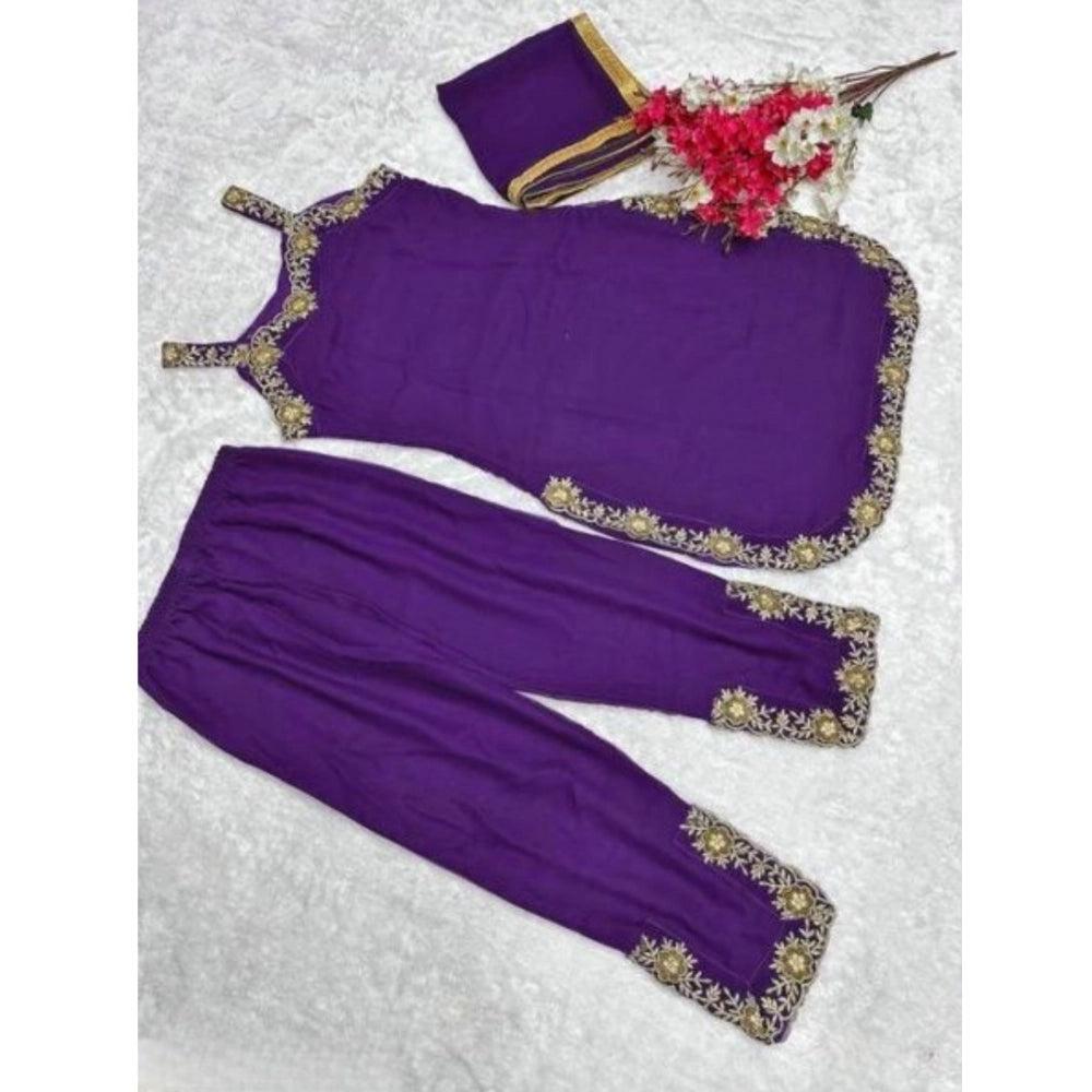 Women's Georgette Embroidery Sleeveless Round Neck Kurti, Palazzo And Dupatta Set (Purple)