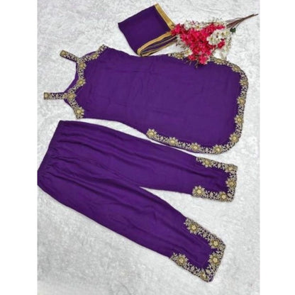 Women's Georgette Embroidery Sleeveless Round Neck Kurti, Palazzo And Dupatta Set (Purple)