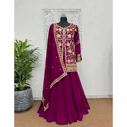Women's Georgette Embroidery 3-4th Sleeve V-Neck Kurti, Palazzo And Dupatta Set (Wine)