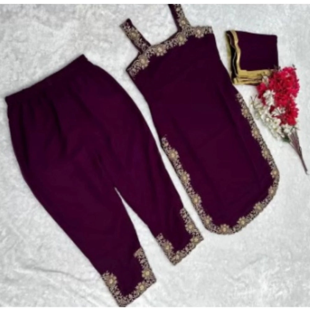 Women's Georgette Embroidery Sleeveless Round Neck Kurti, Palazzo And Dupatta Set (Wine)