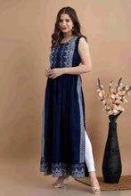 Load image into Gallery viewer, OCEANISTA Women&#39;s Rayon Printed Long Kurti Navy Blue