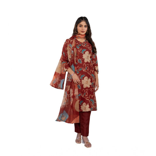 Women's Cotton Blend Printed Kurti With Pant Dupatta Set (Rust)