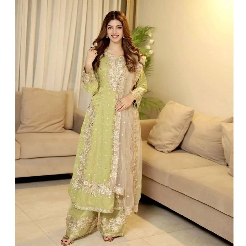 Women's Silk Embroidered 3/4th Sleeve Round Readymade Kurti With Palazzo