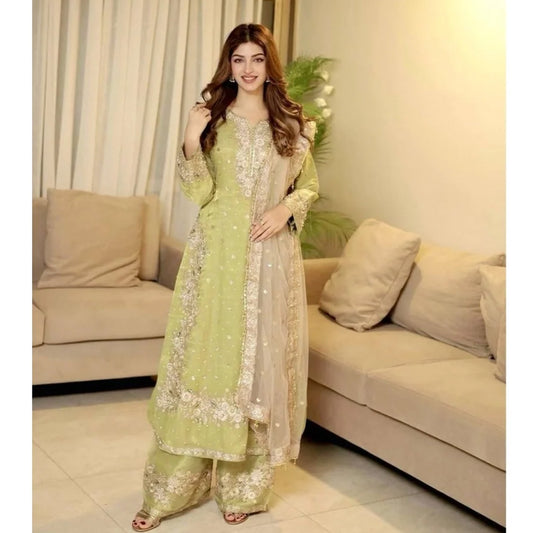 Women's Silk Embroidered 3/4th Sleeve Round Readymade Kurti With Palazzo