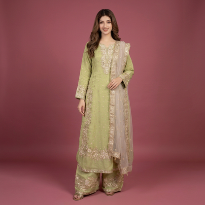 Women's Silk Embroidered 3/4th Sleeve Round Readymade Kurti With Palazzo Pant