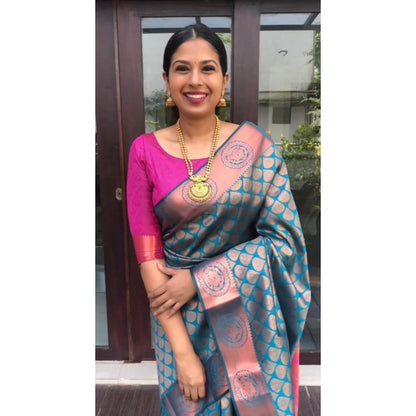 Women's Litchi silk Printed Saree With Unstitched Blouse (Blue)