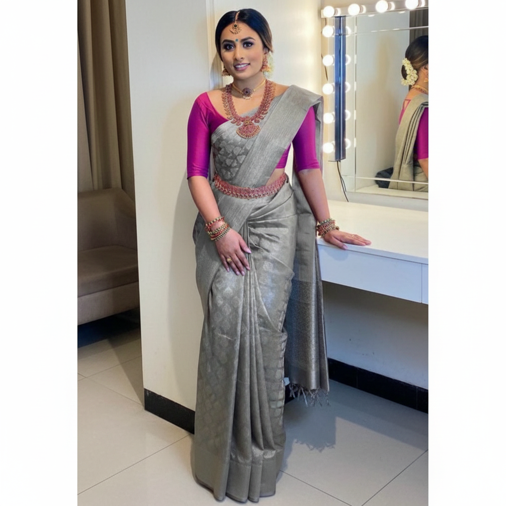 Woman in a grey saree with a pink blouse standing in front of a mirror.
