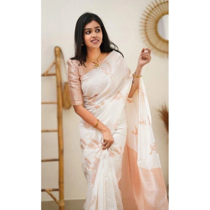 Generic Women's Litchi silk Printed Saree With Unstitched Blouse (White)