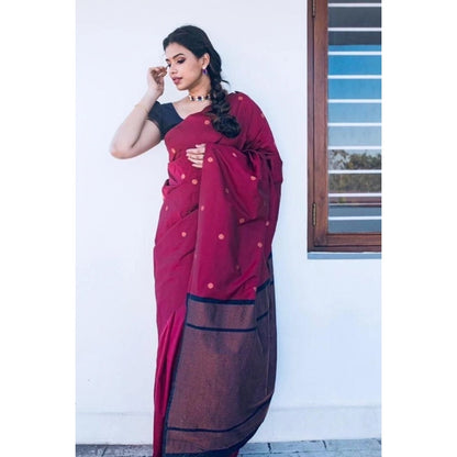 Generic Women's Litchi silk Printed Saree With Unstitched Blouse (Red)