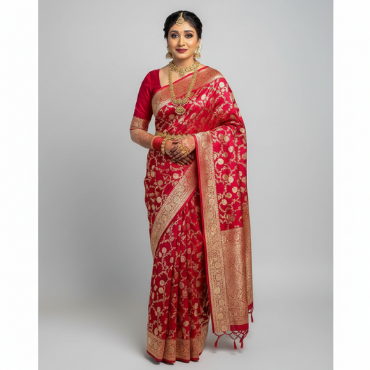 Women's Litchi silk Printed Saree With Unstitched Blouse (Red)