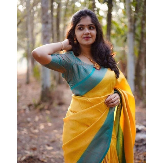 Generic Women's Litchi silk Printed Saree With Unstitched Blouse (Yellow)