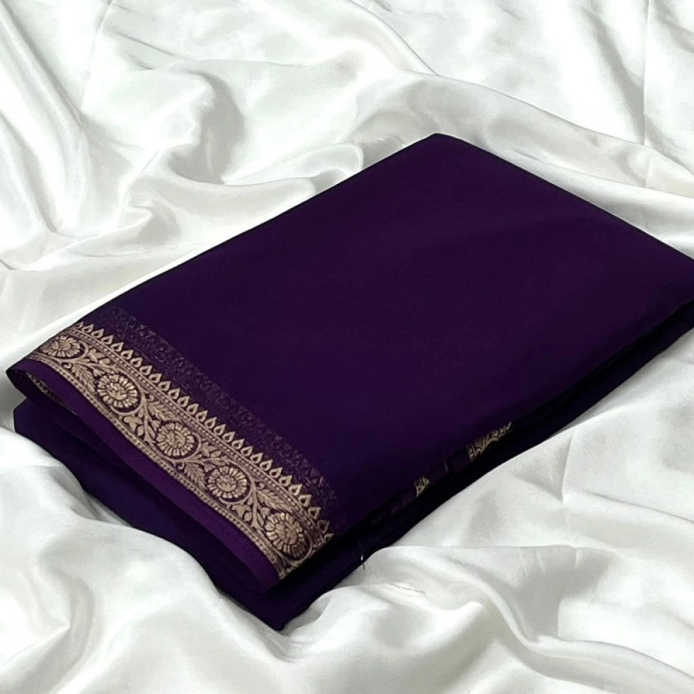 Generic Women's Crepe Chit Pallu Solid Saree With Unstitched Blouse 5.5Mtr (Dark Purple)