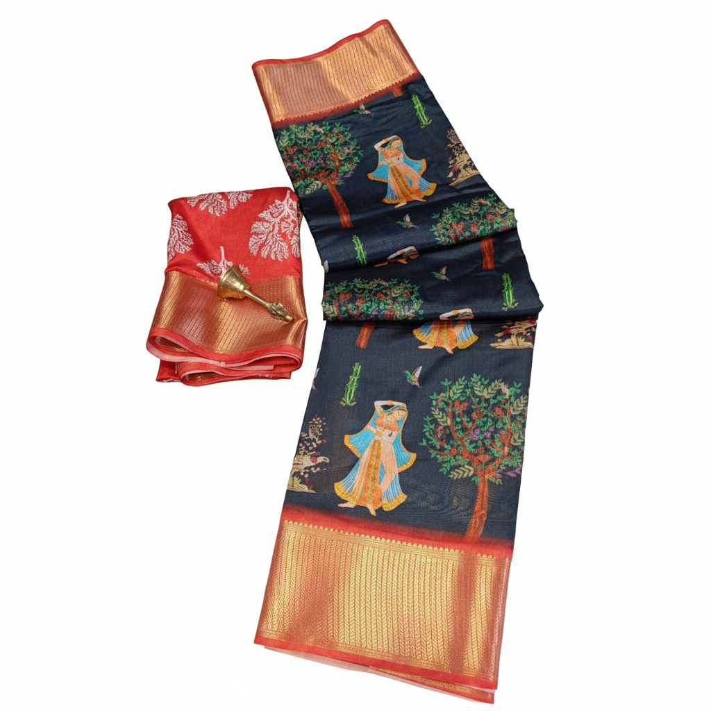 Women's Digital Dolla Silk Printed Saree With Unstitched Blouse 5.5Mtr (Black)
