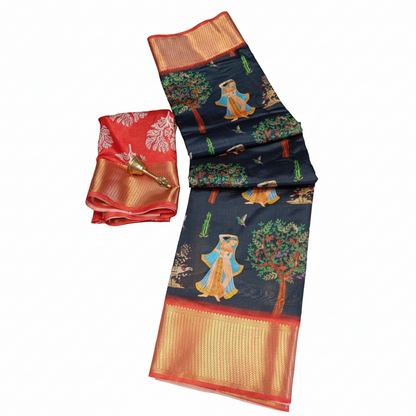 Women's Digital Dolla Silk Printed Saree With Unstitched Blouse 5.5Mtr (Black)