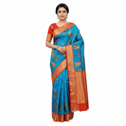 Women's Digital Dolla Silk Printed Saree With Unstitched Blouse 5.5Mtr (Sky Blue)