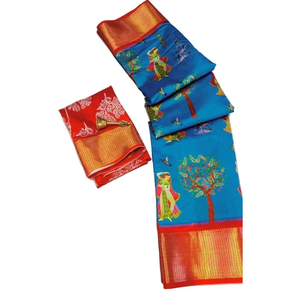 Women's Digital Dolla Silk Printed Saree With Unstitched Blouse 5.5Mtr (Sky Blue)