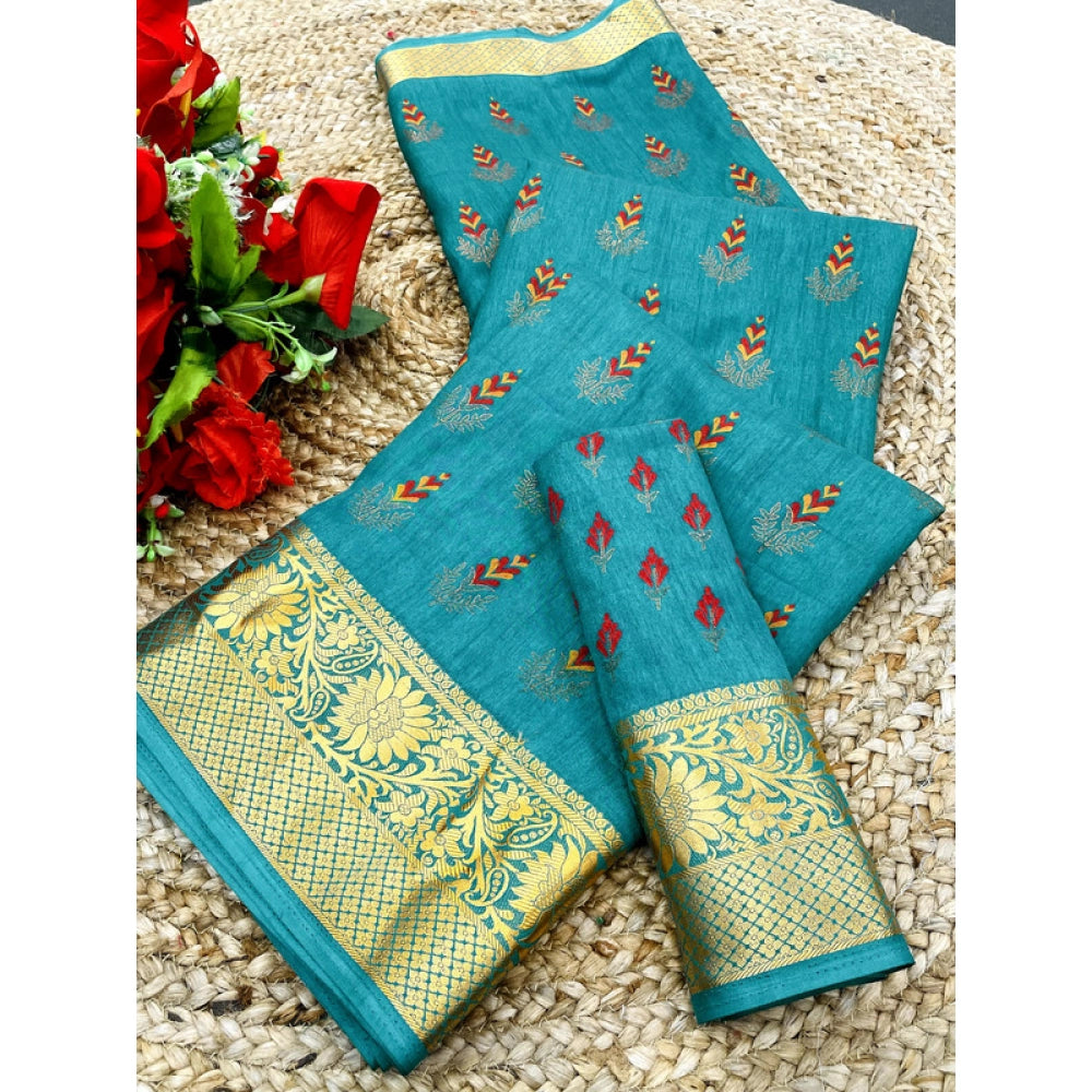 Turquoise saree with gold and red patterns