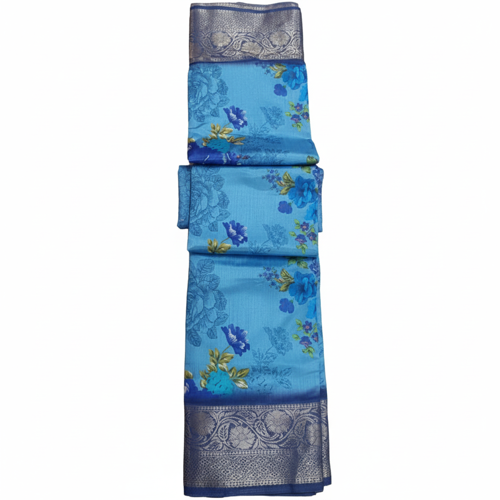 Blue saree with floral patterns and silver border.