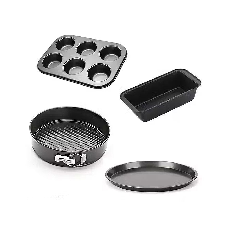 Set of black baking pans including a muffin tray, loaf pan, round perforated pan, and round flat pan.