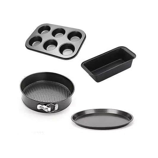 Set of black baking pans including a muffin tray, loaf pan, round perforated pan, and round flat pan.
