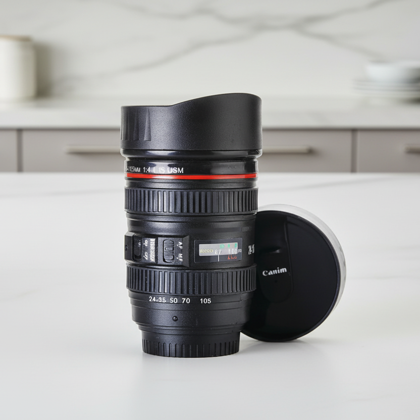 Camera Lens Shaped Coffee Mug Flask With Lid