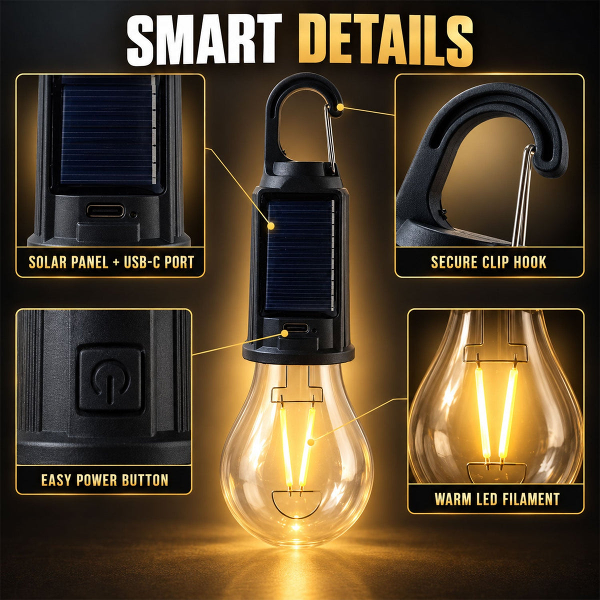 Solar Hanging Camping Lantern With Usb-c Charging And Warm Led Glow (1 Pc)