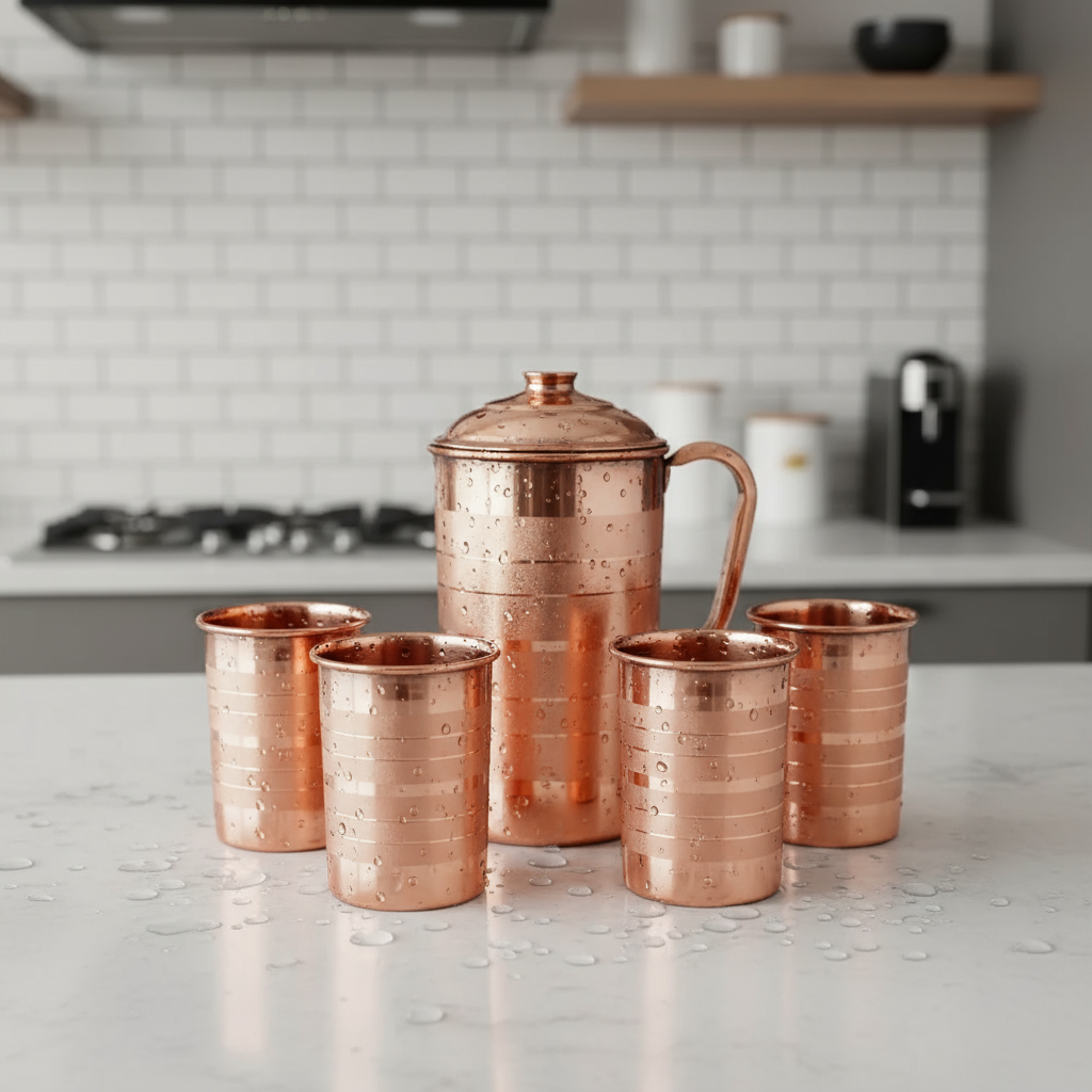 Copper Jug with 4 Glasses set