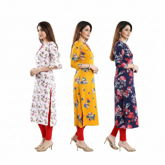 Colorful Styles American Crepe Printed Women Straight Kurti Combo(3 Pieces)