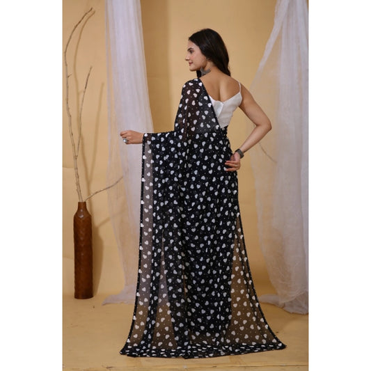 Generic Women's Georgette Printed Saree With Unstitched Blouse 5.5Mtr (Black)