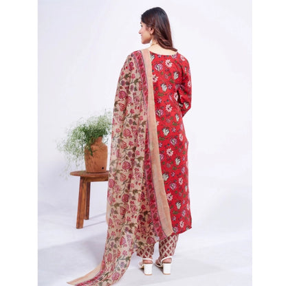Women's Cotton Blend Printed Kurti With Pant Dupatta Set (Red)