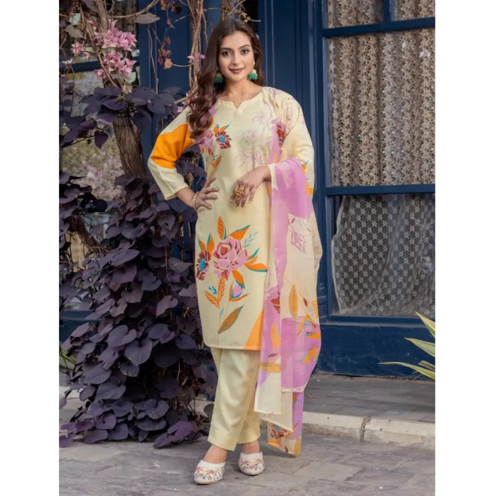Women's Cotton Blend Printed Kurti With Pant Dupatta Set (Cream)