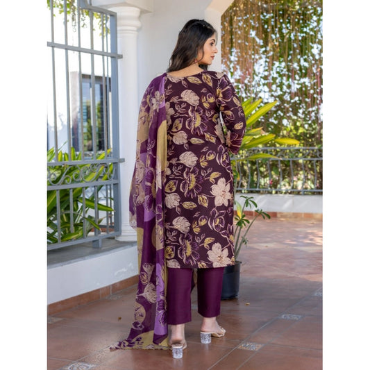 Women's Cotton Blend Printed Kurti With Pant Dupatta Set (Purple)