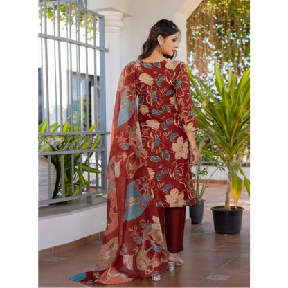 Women's Cotton Blend Printed Kurti With Pant Dupatta Set (Rust)