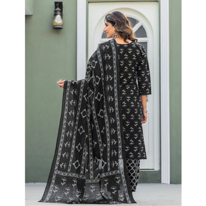 Women's Cotton Blend Printed Kurti With Pant Dupatta Set (Black)