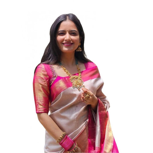 Generic Women's Soft Lichi Silk Printed Saree With Unstitched Blouse 5.5Mtr (Grey)