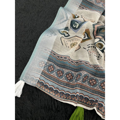 Generic Women's Linen Cotton  Printed Saree With Unstitched Blouse 5.5Mtr (Grey)