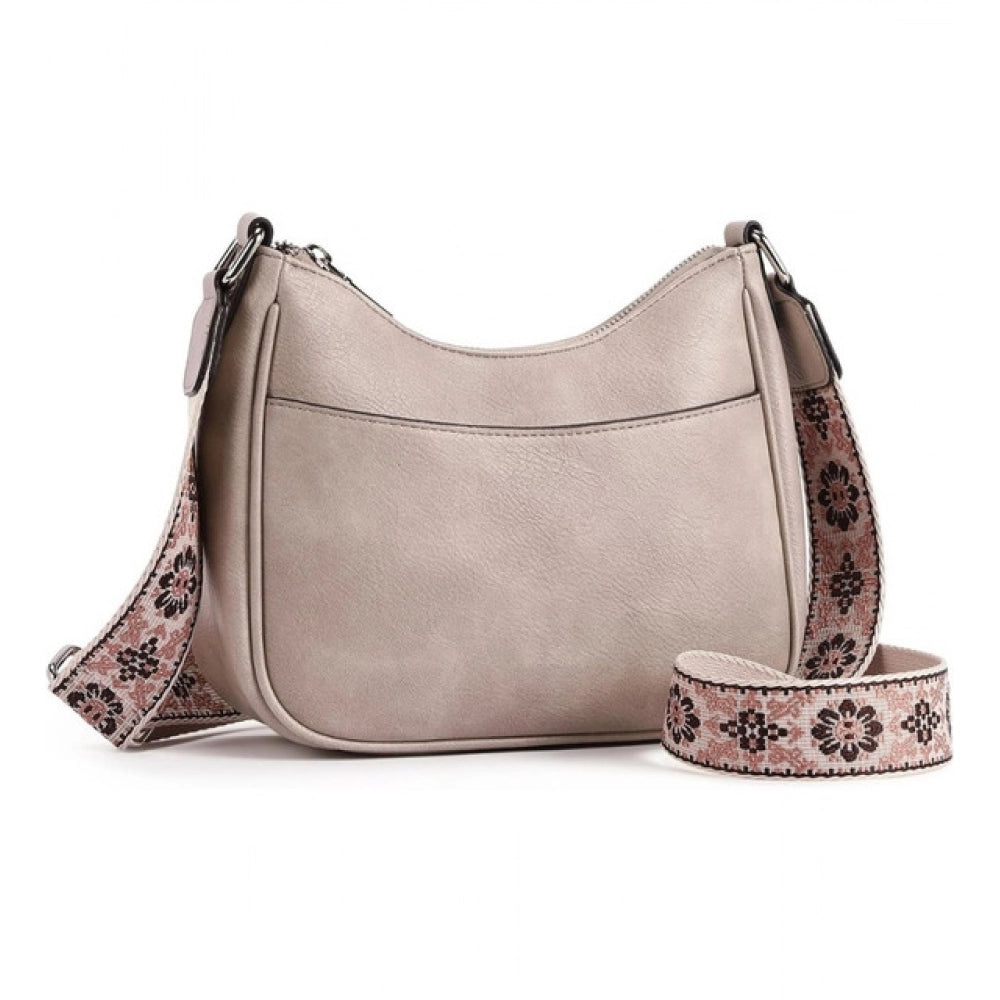 Women's PU Leather Zipper Sling Bag (Beige)