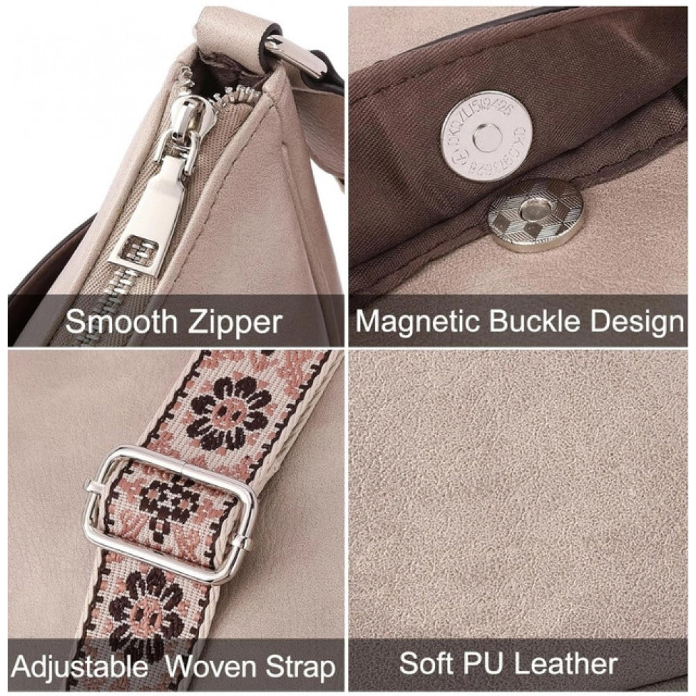 Women's PU Leather Zipper Sling Bag (Beige)