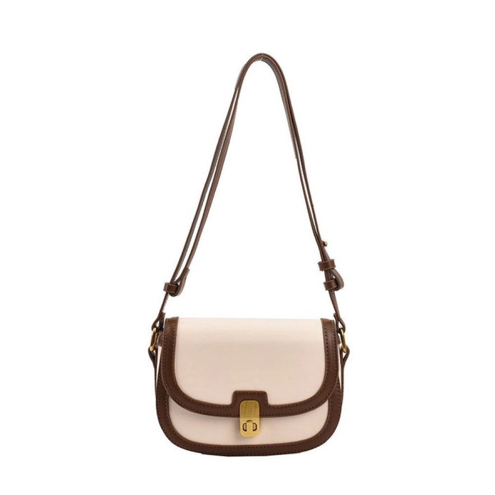 Women's PU Leather Zipper Sling Bag (Beige)