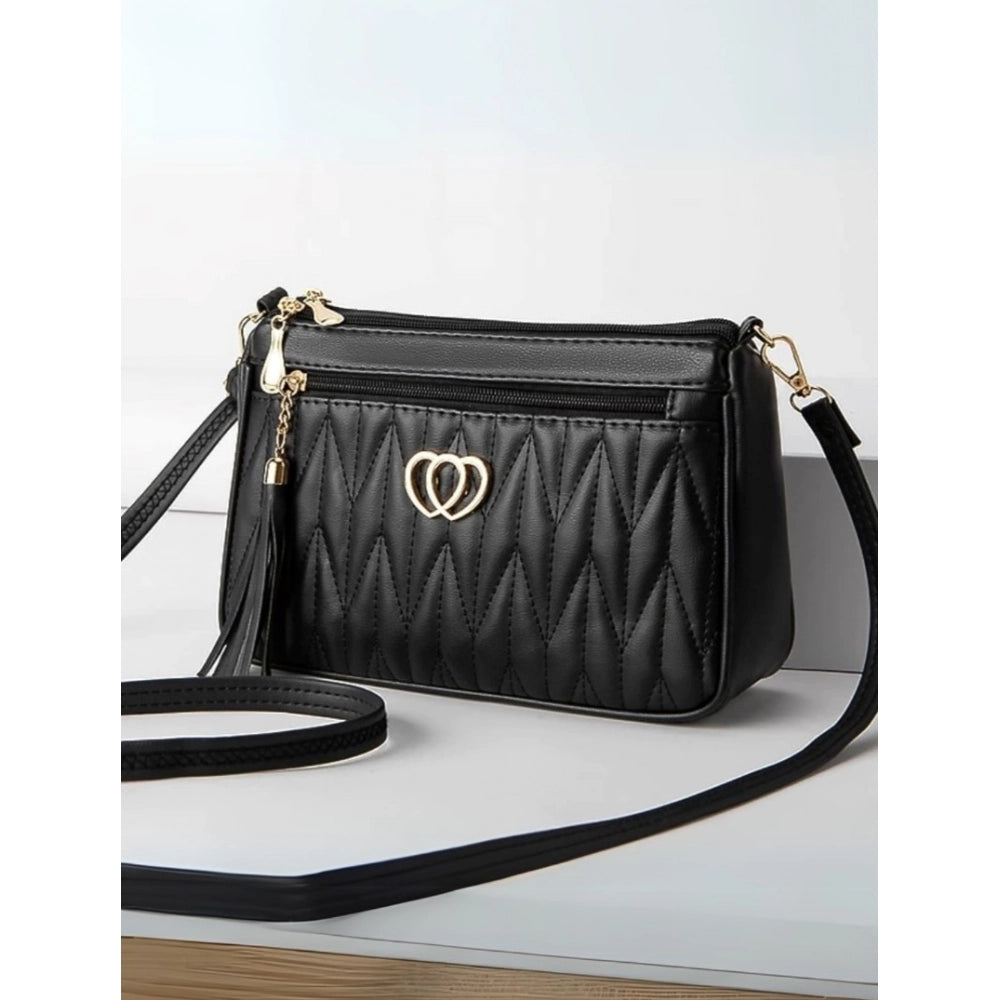 Women's PU Leather Zipper Sling Bag (Black)