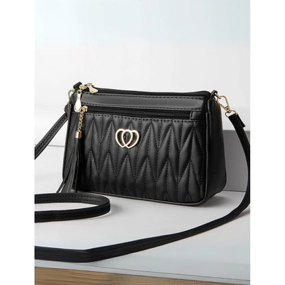Women's PU Leather Zipper Sling Bag (Black)