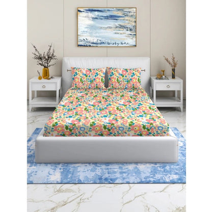 Generic Cotton Blend Floral Printed Double Bedsheet with 2 Pillow Covers (Yellow)